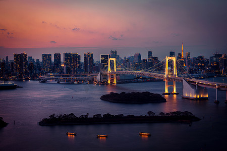 东京天际线与东京塔和彩虹桥在晚上在日本