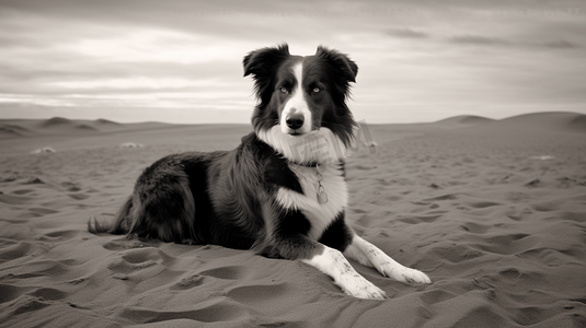 黑白相间的长毛狗白天在棕色的沙滩上