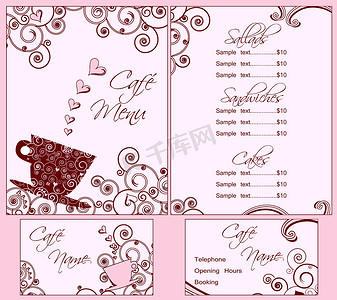 “可爱的粉红色咖啡馆菜单和名片模板，包括正面和背面。”