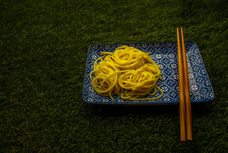 盘子日式摄影照片_绿草背景的日式盘子里的荞麦面，从顶部的斜视图。