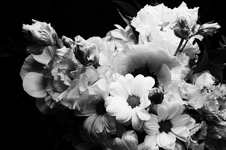 作为美好的插花、创造性的花和植物学设计的花束，经典黑白单色