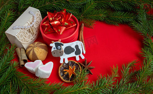 “2021 年的象征是一头白牛，圣诞礼物放在红色背景的云杉树枝上。空间副本，横幅”