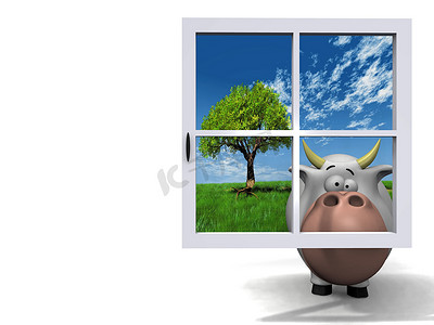卡通牛摄影照片_蓝色窗户后面的牛