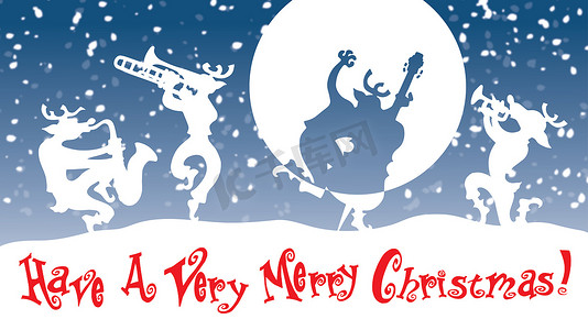 书法字标题摄影照片_雪地背景中的圣诞快乐 14 驯鹿假日乐队