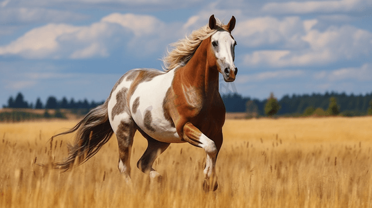 白天棕色田野上的棕白相间的马