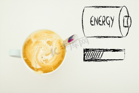 花进度条摄影照片_一杯带能量进度条和电池的咖啡