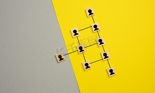 灰色黄色背景上带有数字的木块，管理人员的分层组织结构