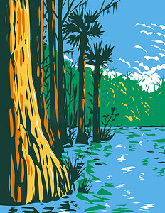 佛罗里达州大沼泽地国家公园的亚热带湿地 WPA 海报艺术