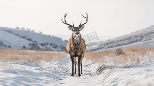 白天白雪覆盖的地面上的棕鹿