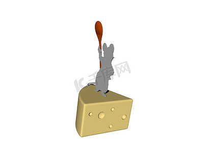 老鼠卡通摄影照片_坐在奶酪角上的卡通老鼠