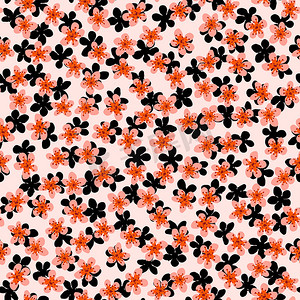 无缝图案与盛开的日本樱花，用于织物、包装、壁纸、纺织品装饰、设计、邀请函、印刷品、礼品包装、制造。粉红色背景上的橙色和黑色花朵。
