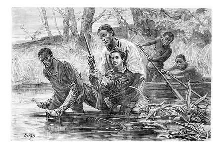 Aogousto 和儿子背着少校穿越沼泽地，老式工程师