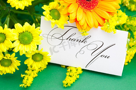 感谢有你相随摄影照片_“黄色雏菊、非洲菊和在绿色背景上签名的感谢卡”