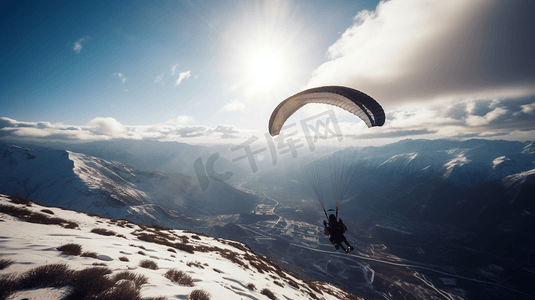 白天在白雪覆盖的山上乘坐降落伞的人