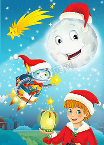 夜晚卡通摄影照片_夜晚的卡通笑月与星星-圣诞朋友-儿童插画