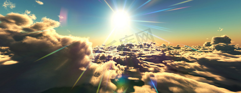 太阳光线摄影照片_云层之上飞行日落太阳光线