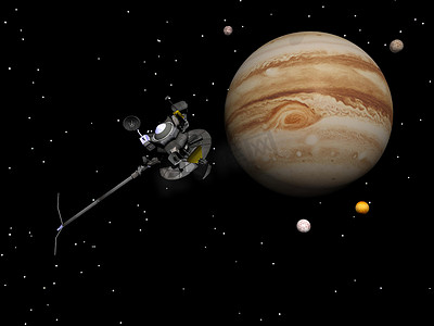 木星及其卫星附近的航海者航天器 — 3D 渲染