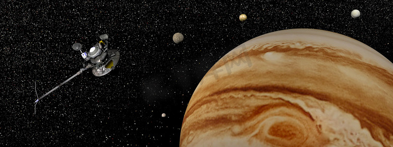 木托摄影照片_木星及其卫星附近的航海者航天器 — 3D 渲染