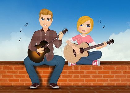 坐弹吉他摄影照片_男人和女人坐在墙上弹吉他