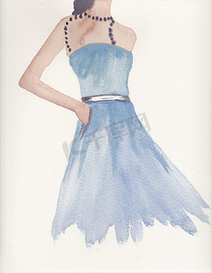 手绘皮带摄影照片_我手绘水彩画的一个穿蓝裙子的女人