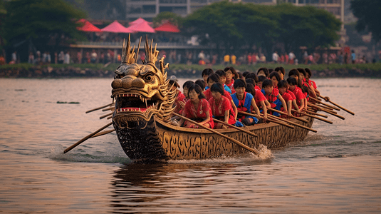 龙舟aigc摄影照片_端午节传统竞技赛龙舟
