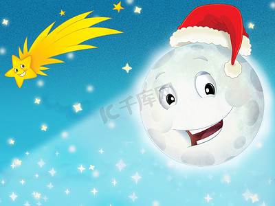 夜晚的卡通笑月与星星-圣诞朋友-儿童插画