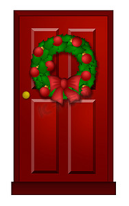 圣诞花环红色摄影照片_带圣诞花环插图的红门