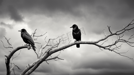 在多云的天空下，两只黑白相间的鸟在树上