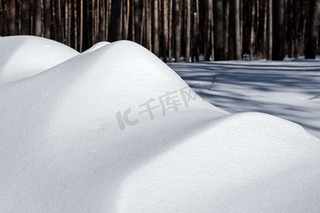 在一个明亮的冬日午后，森林里的雪堆