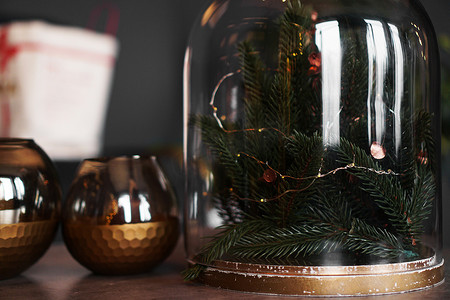 模糊背景下玻璃穹顶下松树的圣诞装饰