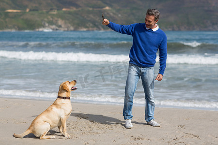 和狗玩耍摄影照片_成熟的男人在沙滩上和狗玩耍