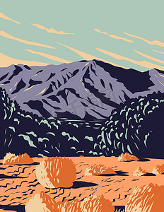 海报森林摄影照片_莫哈韦沙漠和沙丘的壮观沙漠和沙丘步道 加利福尼亚州莫哈韦沙漠国家保护区周围的国家纪念碑 WPA 海报艺术