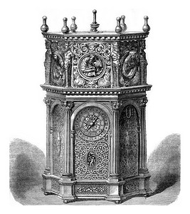 十六世纪的时钟，复古雕刻。