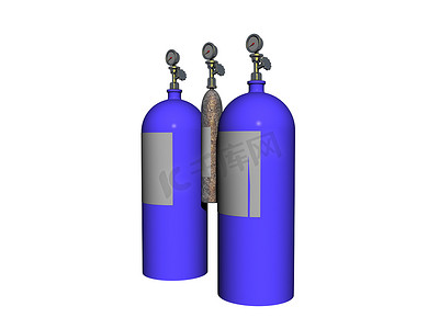 潜水气瓶摄影照片_用于潜水的蓝钢压缩空气气缸