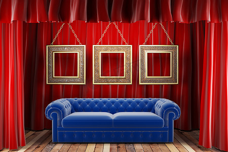 带框架和沙发的红色织物窗帘