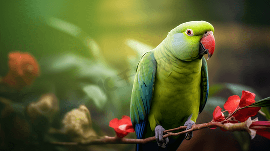 绿色玫瑰环鹦鹉选择性聚焦照片