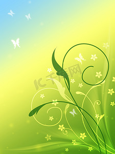 “春花与蓝黄绿蝴蝶”