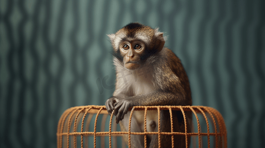 棕色和灰色的猴子坐在笼子的顶部