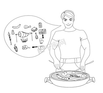 卡通男性穿着烧烤服装烹饪肉。烧烤图标矢量集