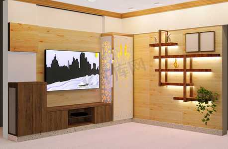 3d 渲染的松木墙面装饰，配有胡桃木灯架和电视柜。