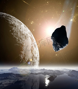 宇宙大气背景摄影照片_小行星对宇宙中行星的攻击。