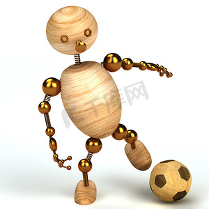 拿着足球的木头人 3d 渲染