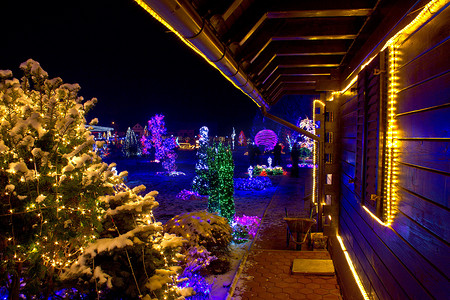 圣诞幻想 — 灯光下的树木和木屋