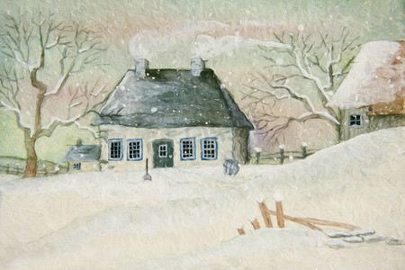 老房子雪摄影照片_“雪中的老房子，数字绘画”
