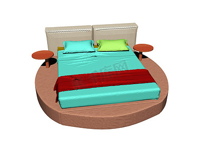 现代双人床摄影照片_卧室里有五颜六色的床单的现代双人床