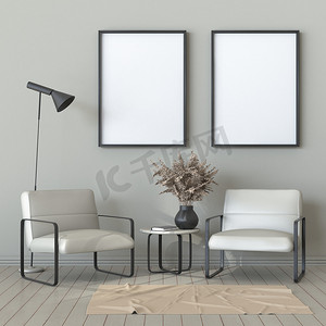 挂墙相框摄影照片_模拟两个带扶手椅和黑灯 3D 的空白相框