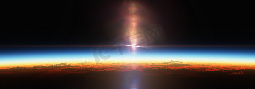 地球日出从空间在多云的海洋。 
