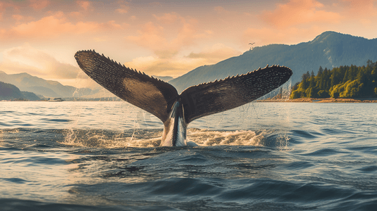 白天鲸鱼的尾巴伸出海面