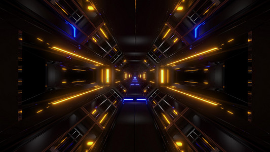 黑暗空间科幻隧道飞艇走廊飞过 vj 循环 3d 插图与黄色蓝色发光