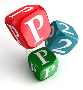 摇骰子游戏下载摄影照片_红色蓝色和绿色骰子立方体上的 p2p 字